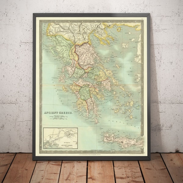 Vecchia mappa dell'antica Grecia, 1834, grafico di Teesdale - Creta, Macedonia, Corfù, Albania, Atene, Tessaglia, Attica - Regalo incorniciato, senza cornice