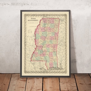 Old Map of Mississippi by J.H. Colton, 1855: Jackson, Vicksburg, Natchez, Columbus, and Meridian