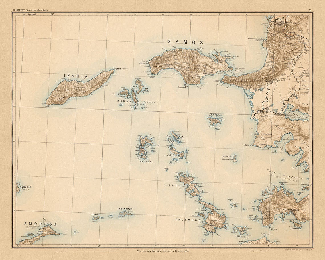 Samos Old Old Map of Samos & Aegean Islands by Kiepert, 1890: Ikaria, Kalymnos ...