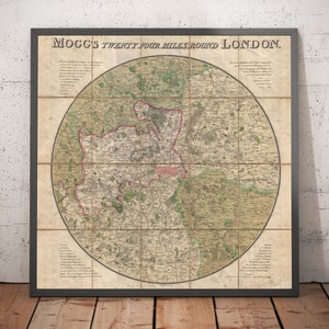 Oude kaart van Londen: Mogg&#39;s 24 mijl rond Londen, 1820 - Hampshire, Surrey, Essex, Kent - ingelijst of ingelijst cadeau