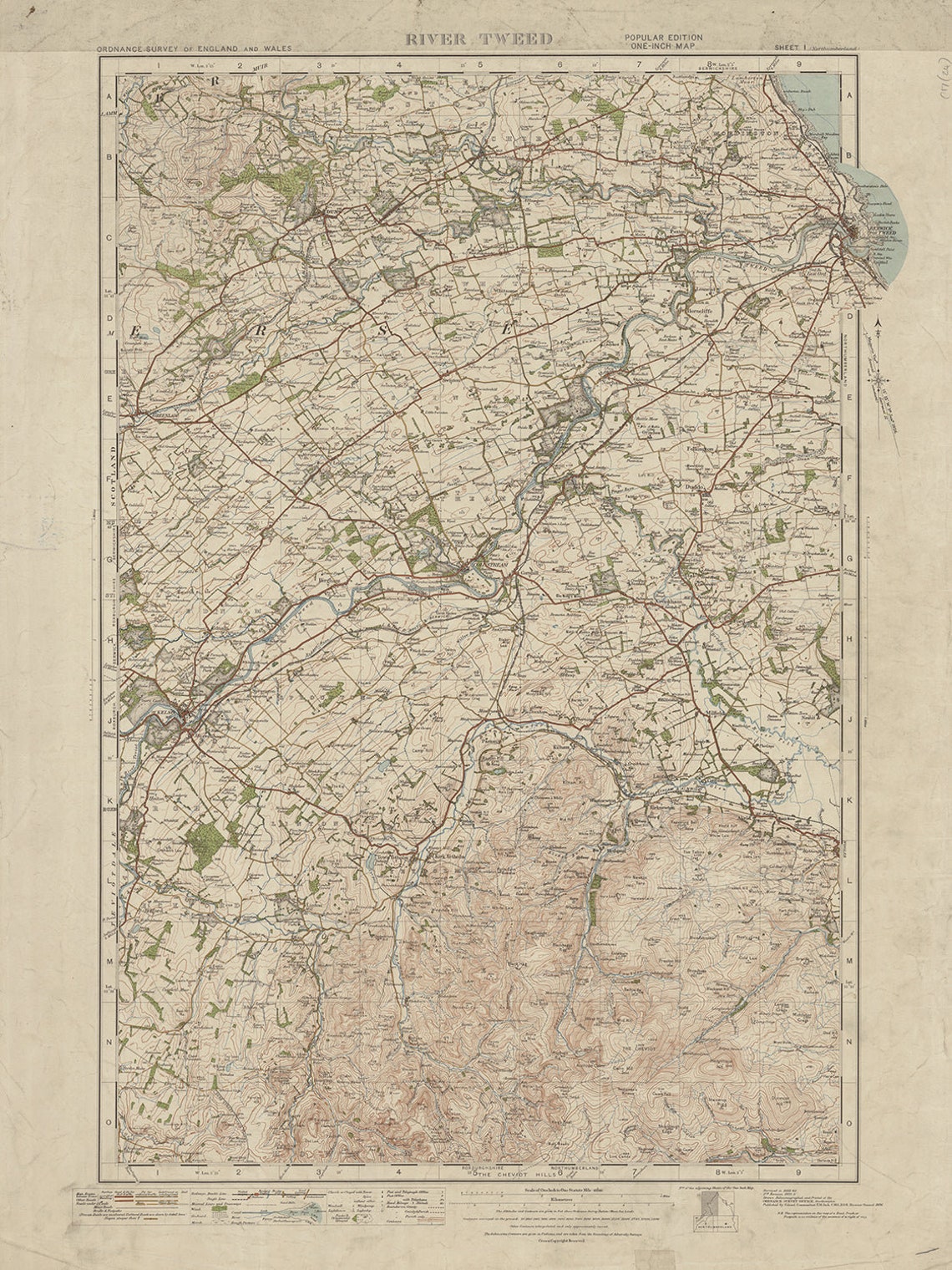 Coldstream Medeval Map Old Ordnance Survey Map, Sheet 1 - River Tweed, 1919-1926: Coldstream ...