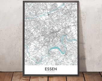 Moderne stadsplattegrond van Essen, Duitsland: Baldeneysee, Folkwang Museum, A40, Philharmonie Essen, Stadtkern