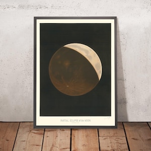 May include: A vintage illustration of a partial eclipse of the moon. The moon is a dark brown colour with a sliver of light on the right side. The image is set against a black background. The text "PARTIAL ECLIPSE of the MOON" is printed below the image.