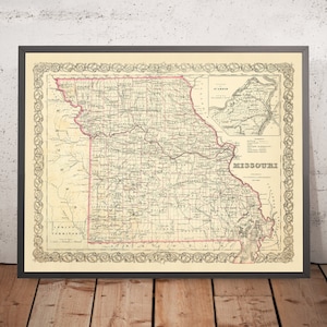 Old Map of Missouri by J. H. Colton, 1860: St. Louis, Kansas City, Springfield, Independence, Jefferson City