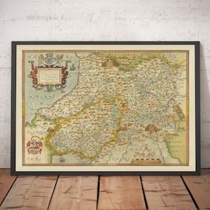 First Old Map of Central Wales in 1578 by Christopher Saxton - Powys, Ceredigion, Carmarthenshire, Aberystwyth, Cardigan - Framed, Unframed