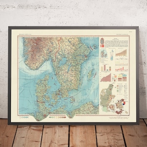 May include: A vintage map of Southern Scandinavia, showing Denmark, Sweden, and Norway. The map is in a light blue, green, and brown color scheme and includes a key with various symbols and colors. The map is titled "Southern Scandinavia" and is part of the "Pergamon World Atlas".