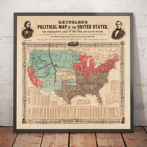 Mapa político antigo dos EUA, 1856 - Estados livres vs. estados de ardósia da Guerra Civil Americana, Norte vs. Sul - Compromisso do Missouri - Presente emoldurado e sem moldura