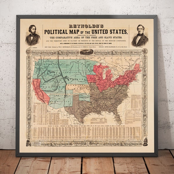 Old Political Map of the USA, 1856 - American Civil War Free vs. Slate States, North vs. South - Missouri Compromise - Framed, Unframed Gift