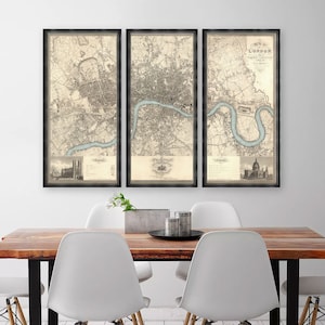 Alter Stadtplan von London - Triptychon Drei Rahmen Antike Wandkunst - 1830 oder 1898 - Bucket, Camden, Southwark, Lambeth, Nord, Süd, Ost, West