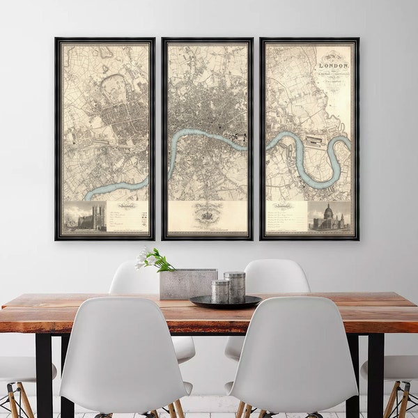 Old London Map - Triptych Three Frames Antique Wall Art - 1830 or 1898 - Westminster, Camden, Southwark, Lambeth, North, South, East, West