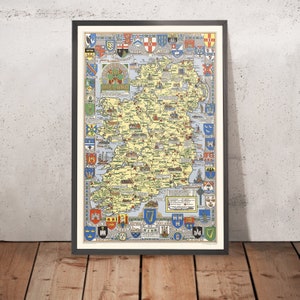 Old Pictorial Map of Ireland by Bullock, 1955: Historic Battles, Family Names, Coats of Arms