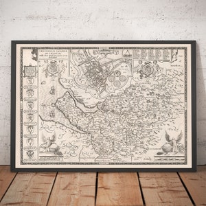 Alte Karte von Cheshire im Jahr 1611 von John Speed - Chester, Warrington, Crewe, Runcorn,Livercover, Merseyside - einfarbig, gerahmt, ungerahmt