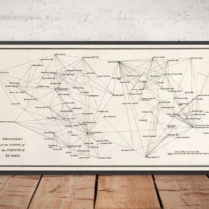 Alte Karte von Sussex, 1811 - Erste Triangulations-Vermessungskarte - Hügel, Burgen, Türme - Geschenk ohne Rahmen