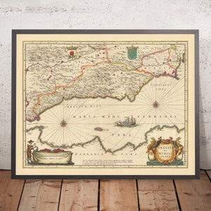 Old Map of the Kingdoms of Granada & Murcia, Spain by Visscher, 1690: Málaga, Gibraltar, Seville, Murcia, Tangier