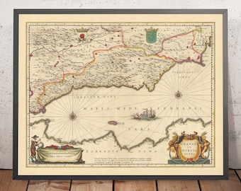 Old Map of the Kingdoms of Granada & Murcia, Spain by Visscher, 1690: Málaga, Gibraltar, Seville, Murcia, Tangier