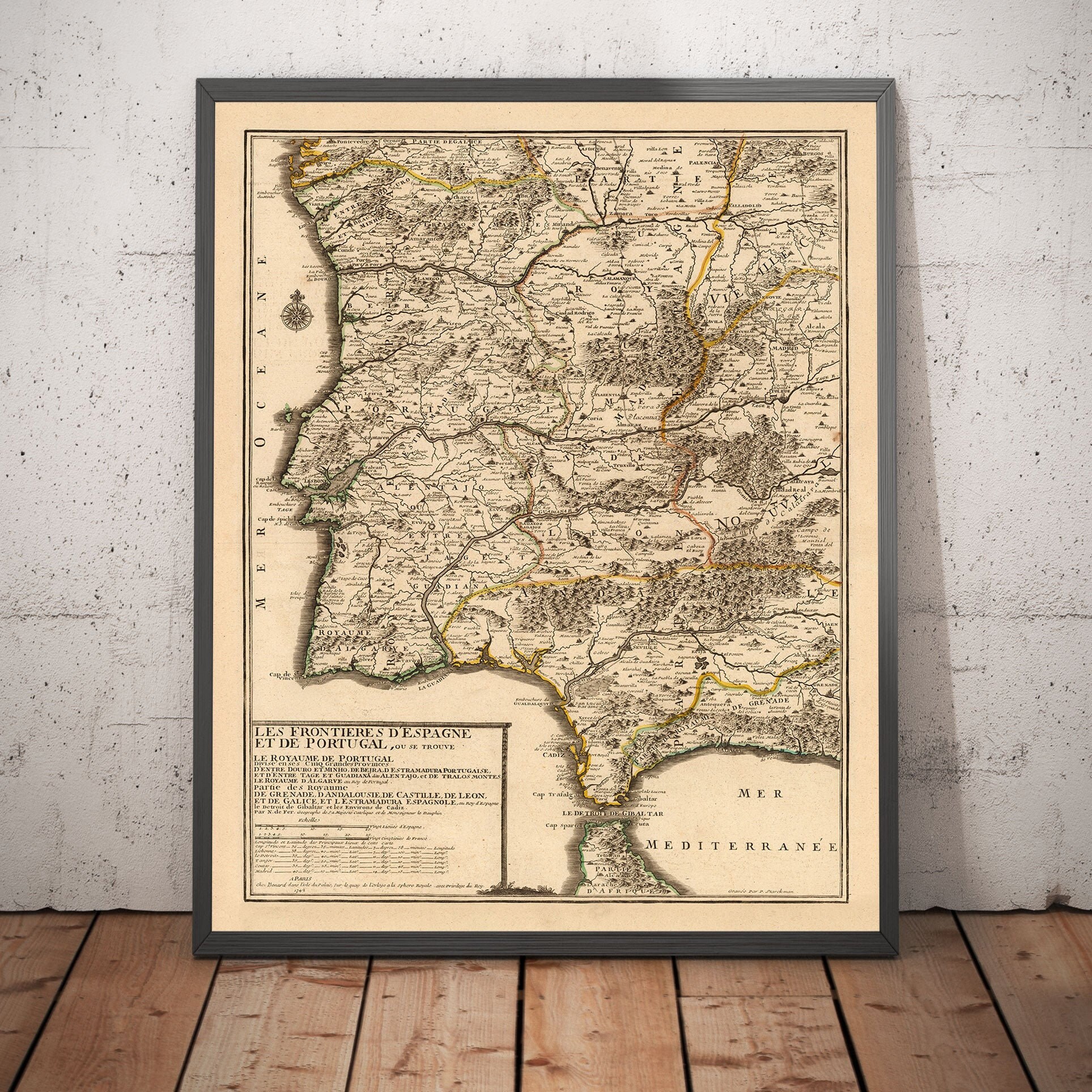 Old Map of Algarve & Gibraltar in 1742 by Nicolas de Fer - Cadiz, Malaga, Sevilla, Marbella, Lisbon, Portugal, Spain