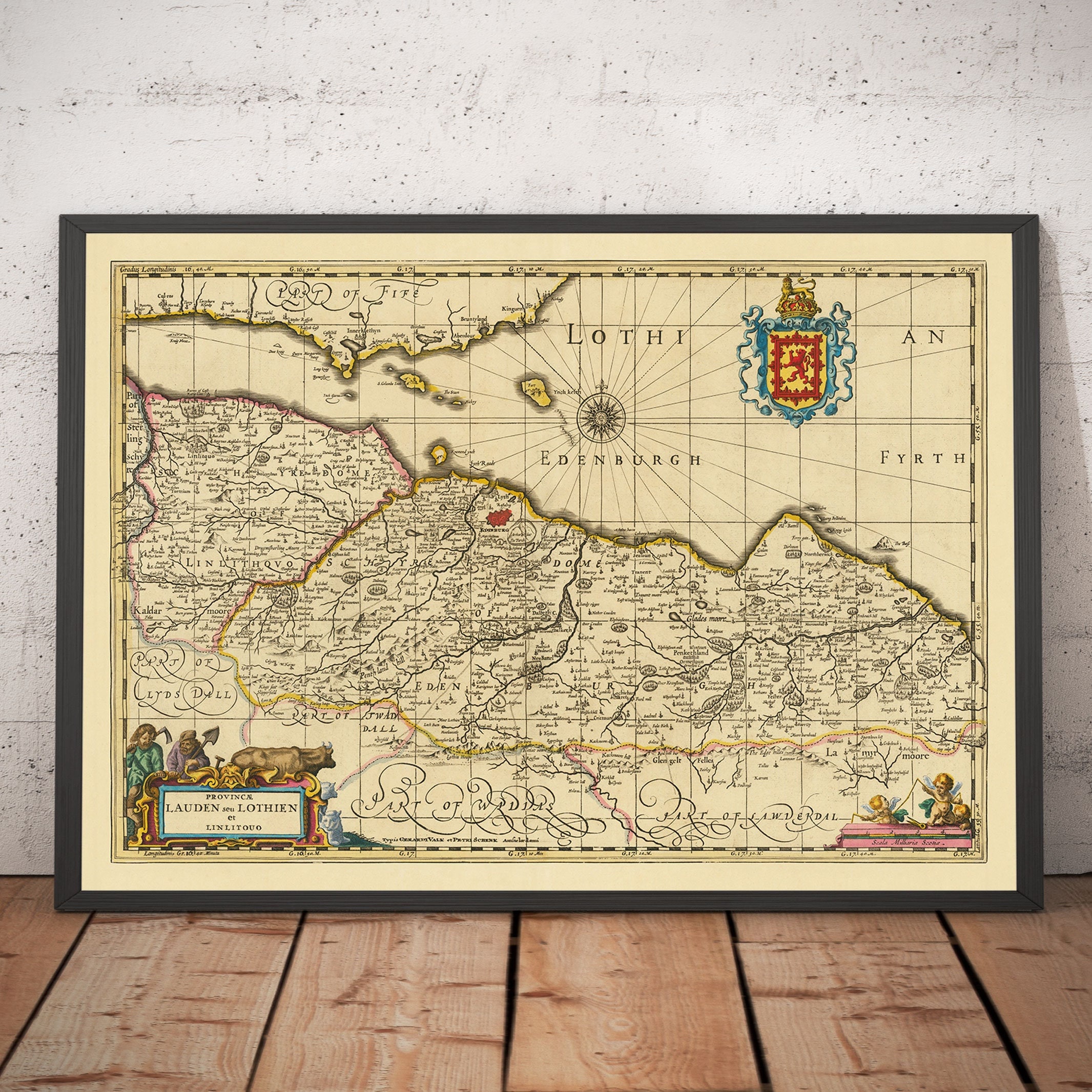 Old Map of Lothian & Edinburgh, 1690 - Queensferry, Linlithgow, Firth of Forth, Haddington, Dalkeith, Loanhead - Framed, Unframed