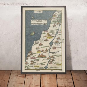 Old Map of Palestine by Bunting, 1592: Canaan, Israel, Jerusalem, Gaza, Jordan River