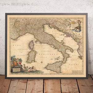 Old Map of Italy by Visscher, 1690: Rome, Milan, Palermo, Florence, Monaco