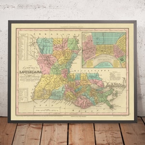 Old Map of Louisiana by Tanner, 1843: New Orleans, Baton Rouge, Lake Pontchartrain, the Mississippi River Delta, and the Gulf of Mexico