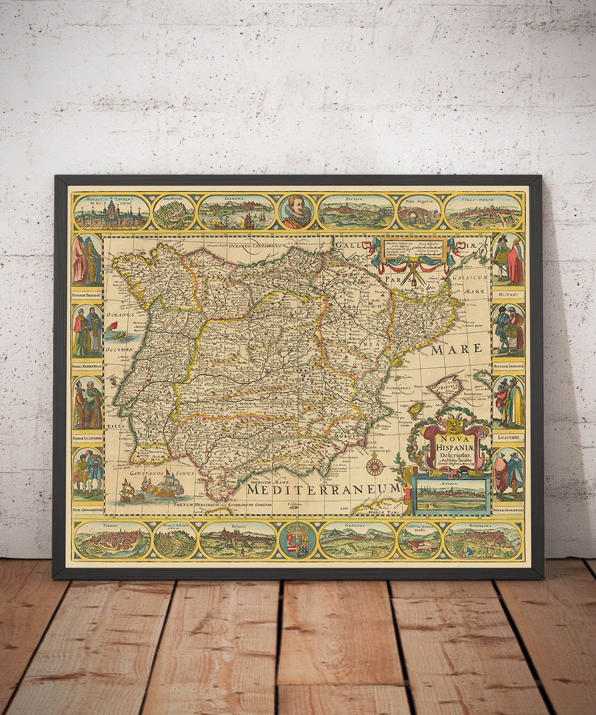 Old Map of Spain & Portugal, 1659 by Jansson - Madrid, Lisbon, Barcelona, Catalonia, Valencia, Iberia, Mediterranean - Framed, Unframed Gift
