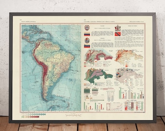 Könnte beinhalten: Eine Vintage-Karte von Südamerika mit einer physischen Karte des Kontinents und detaillierten Karten von Kolumbien, Venezuela, Trinidad und Tobago sowie Guyana. Die Karte enthält einen farbcodierten Schlüssel für Höhe, Vegetation und Bevölkerungsdichte. Die Karte trägt den Titel "Südamerika Physisch" und "Kolumbien, Venezuela, Trinidad und Tobago, Guyana".