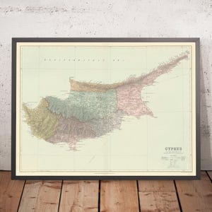 Old Map of Cyprus by Stanford, 1904: Nicosia, Troodos Mtns, Ancient Sites, Bays, Districts