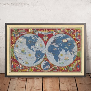 Old Surrealist World Map by Boucher, 1950: Air France Air Routes, Cultural Scenes, Sea Creatures