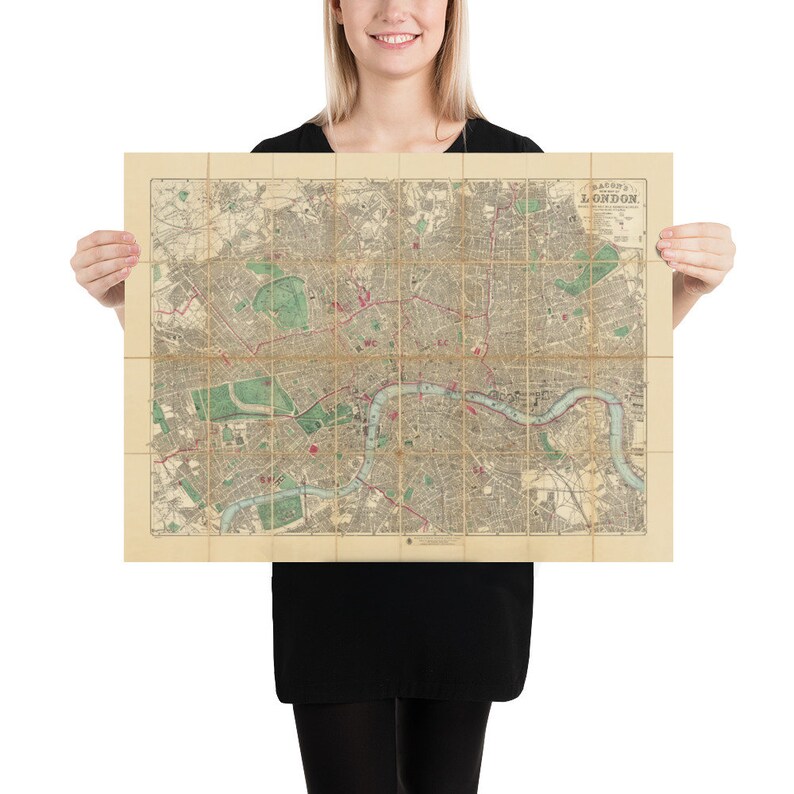 Big Old Map of London by Bacon, 1890 - Rare Folding Wall Chart of Victorian England - Postcodes, Train Stations, Parks - Framed or Unframed image 4