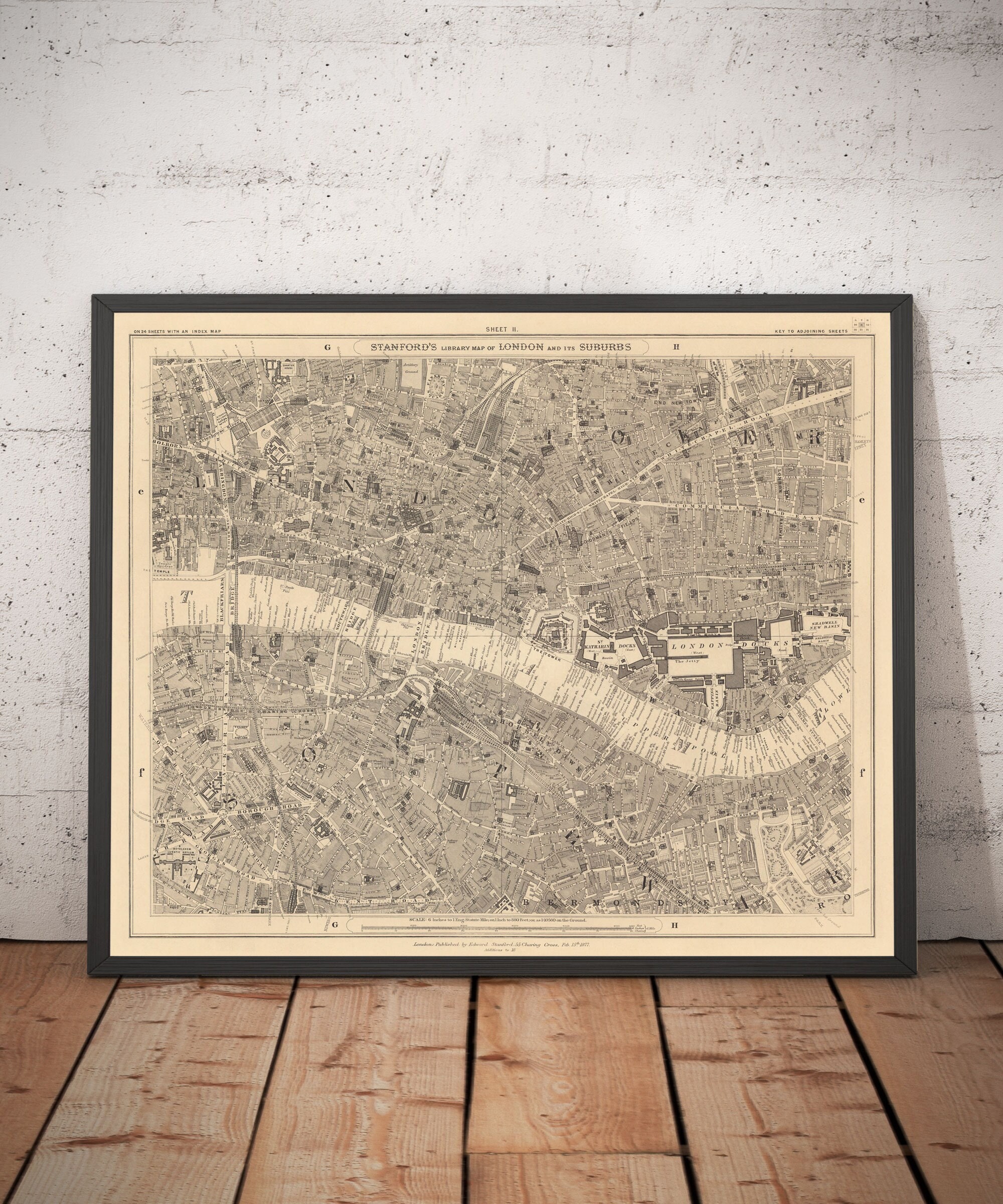 Vecchia mappa della città di Londra - London Bridge, St Pauls, Liverpool St, Bank, Finsbury, Southwark - EC1, EC2, EC3, EC4, E1, SE1 - Incorniciata e