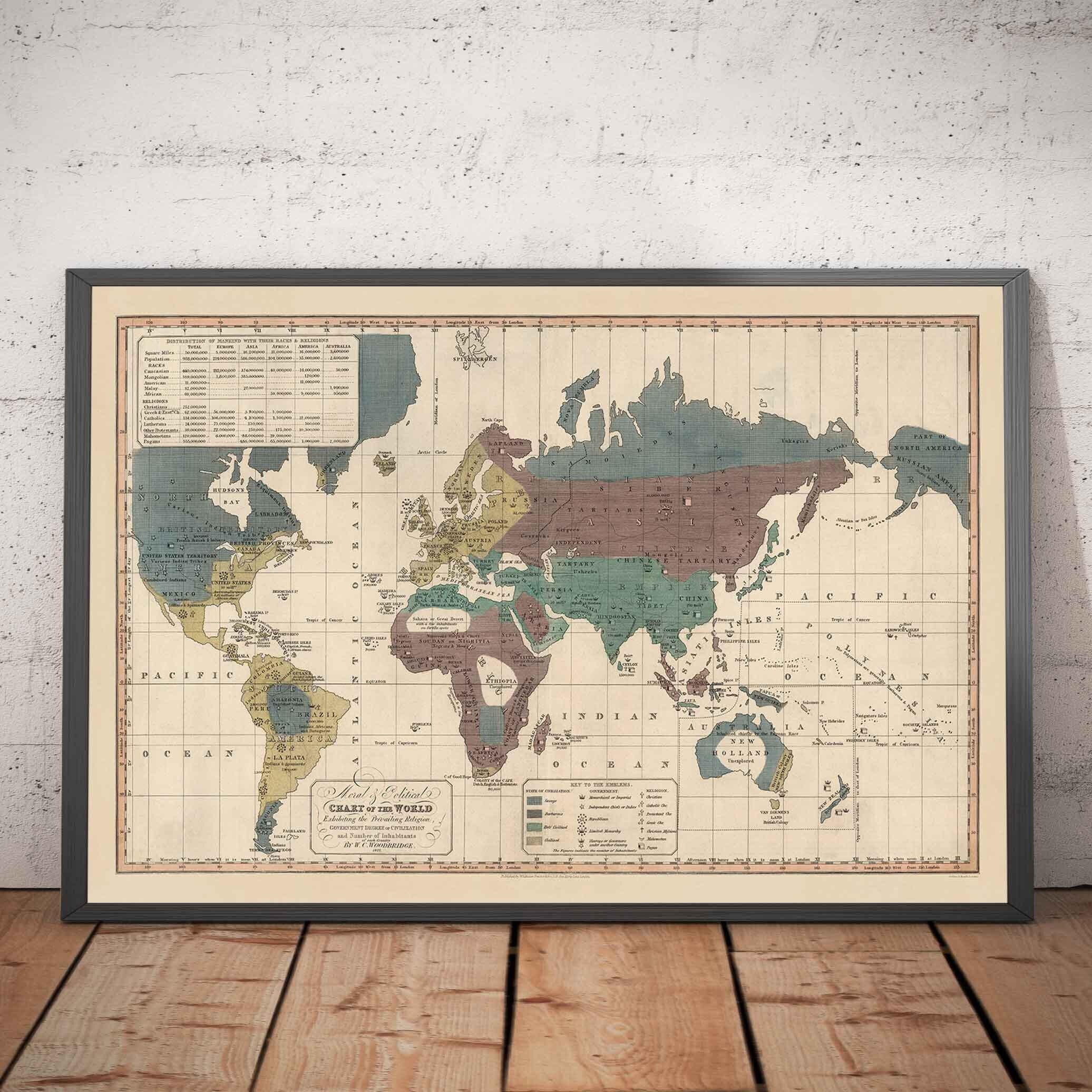 Old Political World Map, 1828 - Historical Religious Beliefs, Government, Civilisation Level, Barbarians & Savages - Framed, Unframed