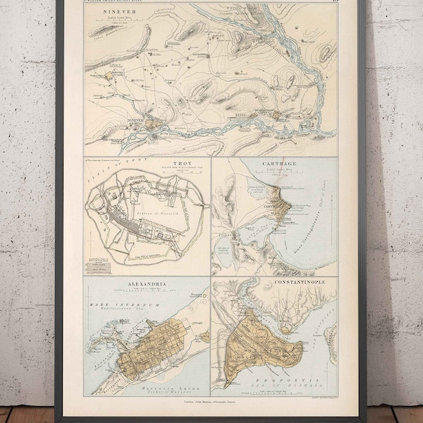 Old Map of Ancient Cities in North Africa and the Middle East, 1874 by Smith - Troy, Carthage, Nineveh, Constantinople, Alexandria