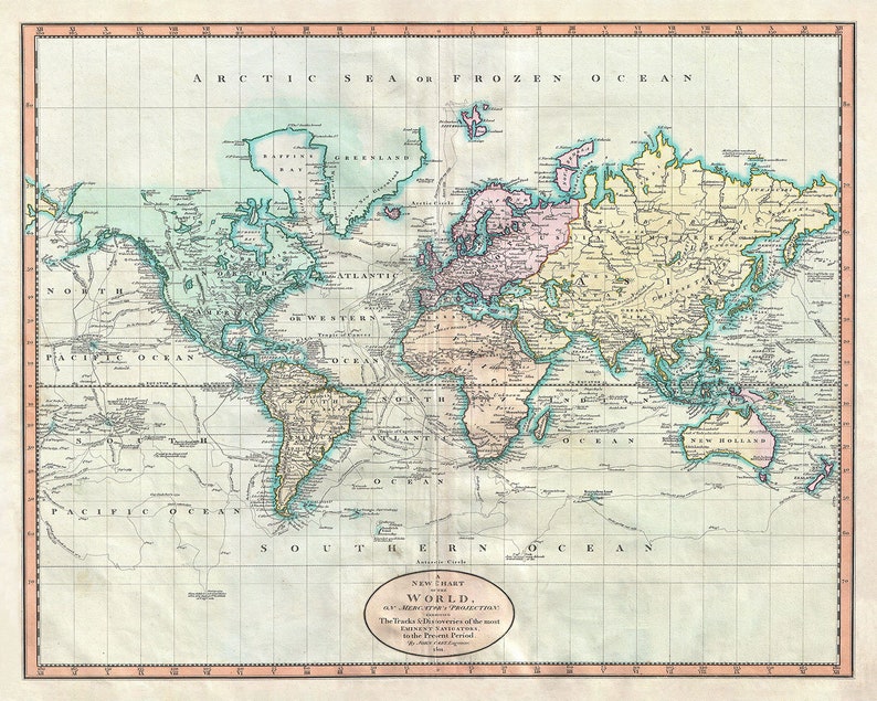 World Map Correction Old World Map From 1801 by John Cary - Personalised Vintage Atlas ...