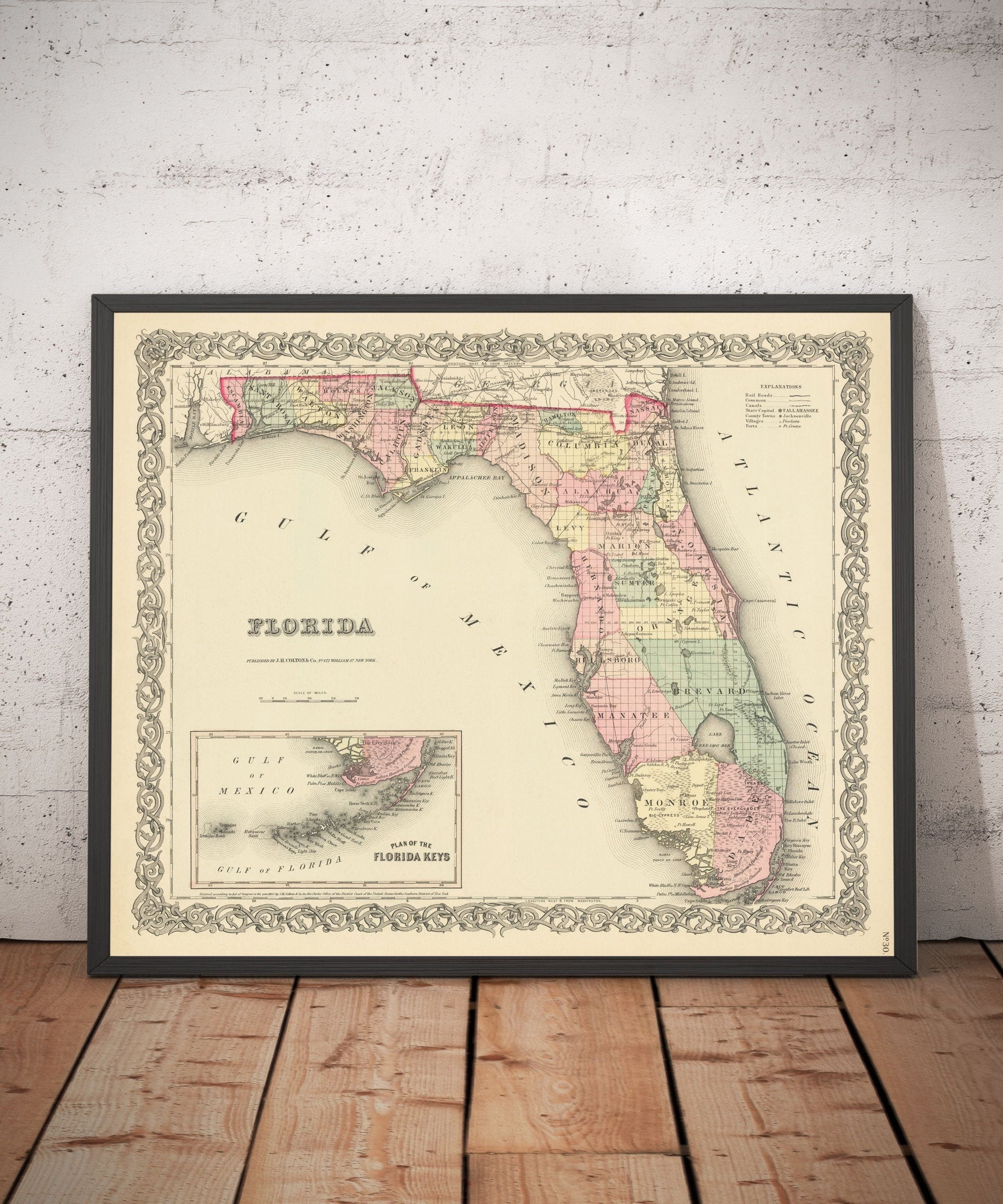 Old Map of Florida in 1855 by Colton - Keys, Panhandle, Jacksonville, Tampa, Dade, Tallahassee, Ft Lauderdale - Framed, Unframed Gift