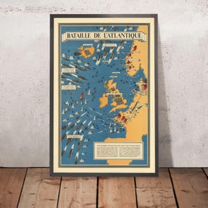 Old Pictorial Map of the Battle of the Atlantic by Blake, 1944: UK, U-Boats, Convoys