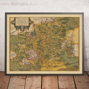 Old Map of Württemberg by Ortelius, 1587: Stuttgart, Ulm, Germany, Neckar River, Forests