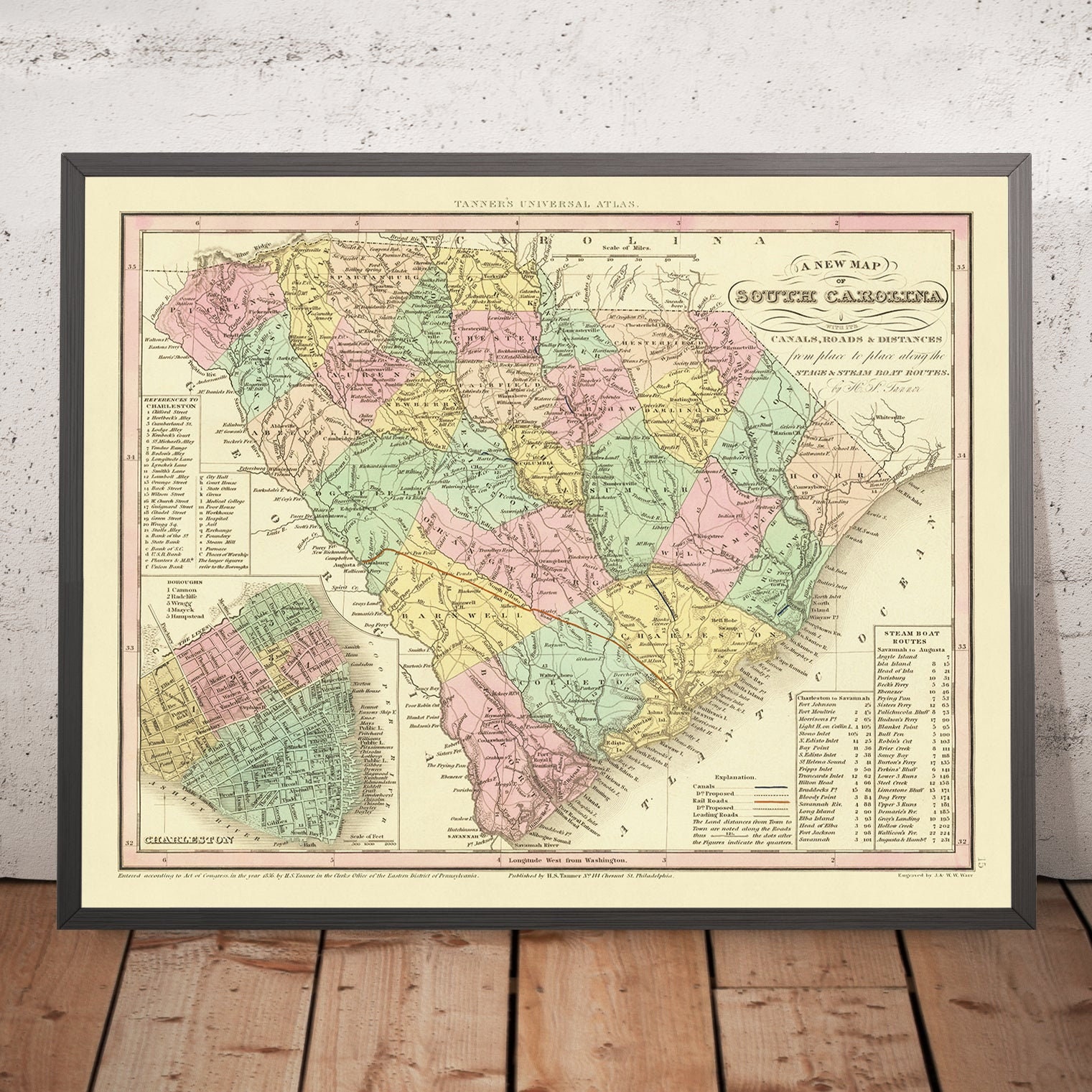 Old Map of South Carolina by Tanner, 1836: Charleston, Columbia, Camden, Georgetown, and Beaufort