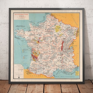 Old Gastronomic Map of France in 1932 by Alain Bourguignon - French Food, Michelin, Champagne, Bordeaux, Butter, Cheese, etc.