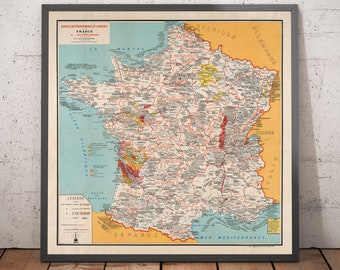Old Gastronomic Map of France in 1932 by Alain Bourguignon - French Food, Michelin, Champagne, Bordeaux, Butter, Cheese, etc.