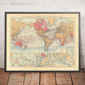 Old World Map of British Empire Trade Routes & Ocean Currents, 1895 - Shipping Chart, Submarine Cables