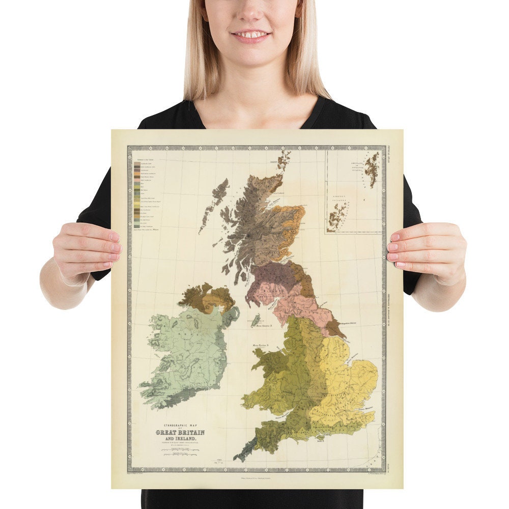 19世紀 イギリスとウェールズの古地図　ガラス額縁　木製フレーム付き 1856 年の古代ブリテンの古地図 - ウェールズ、ピクト人、ケルト