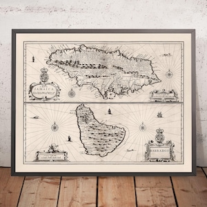 Old Map of Jamaica and Barbados by Speed, 1676: Port Royal, Bridgetown, Mountains, Ships