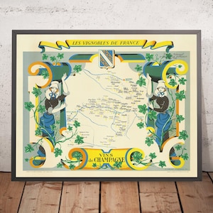 Old Wine Map of Champagne Region by Hetreau, 1954: Reims, Troyes, Epernay, Marne River, Vineyards