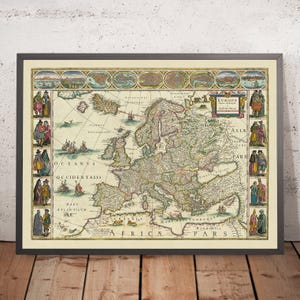 Old Map of Europe by Willem Blaeu, 1630: Dutch Masterpiece, Cultural Illustrations, Mythical Elements