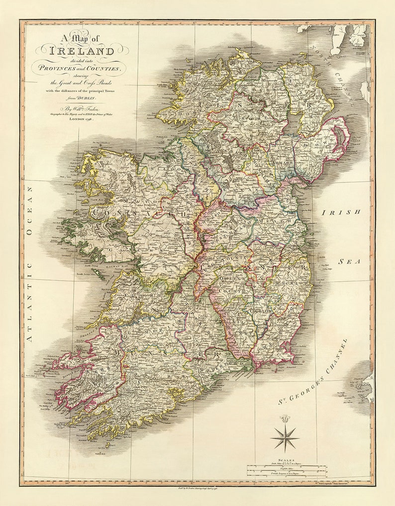 Rare Old Map Of Ireland In 1798 By W Faden Rare Colour Atlas Map 