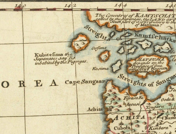 1744 年にボーエンが作成した日本の古地図 - 東京、京都、大阪、本州