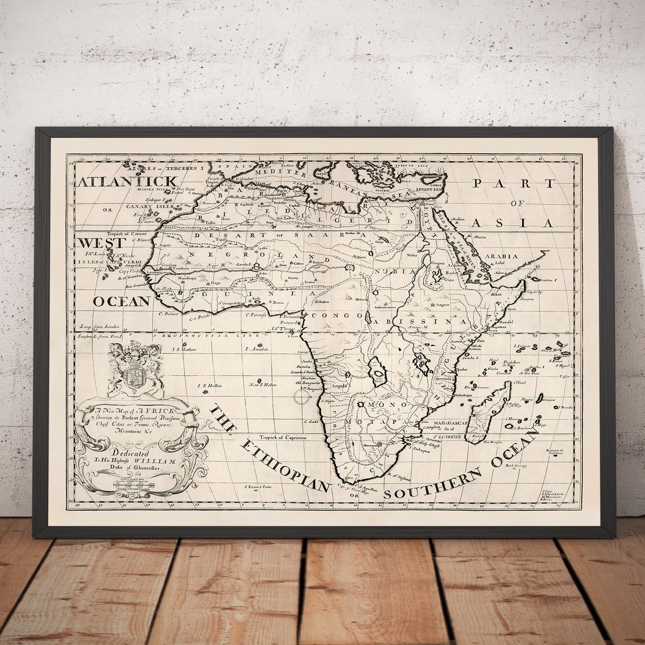 Old Map of Africa in 1700 by Edward Wells - Egypt, Canary Islands, Negroland, Sahara, Madagascar, Guinea, Congo - Framed, Unframed