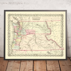Old map of Washington & Oregon by Colton, 1859: Olympia, Vancouver, Salem, Portland, Walla Walla