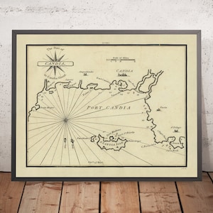 Old Port of Heraklion Nautical Chart by Heather, 1802: Candia, Crete, Suda Bay, Mediterranean