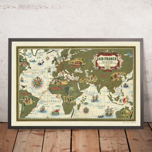 Old Air France Route Map by Boucher, 1939: Pictorial Early Aviation World Chart
